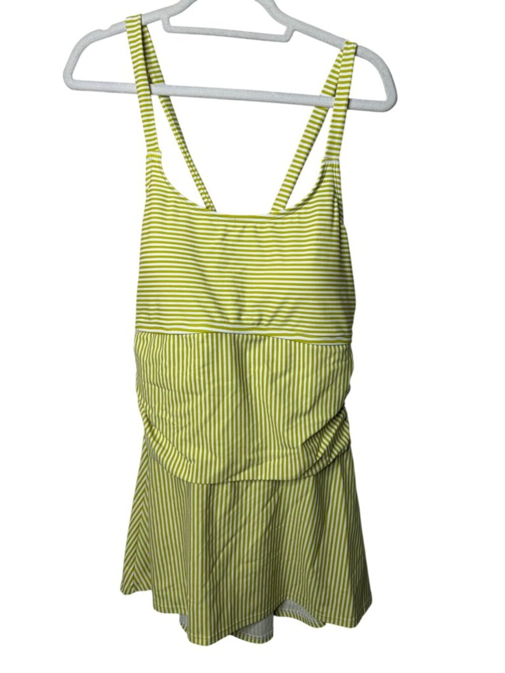 Lands' End Size 14 Green White Striped Swim Dress Swimsuit Coastal Preppy